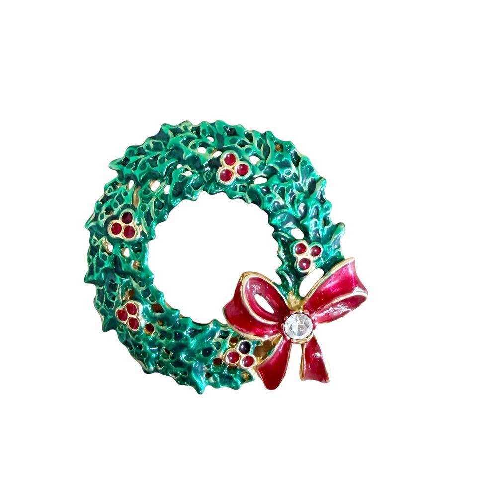 Vintage Christmas Wreath Gold Tone Enamel Brooch